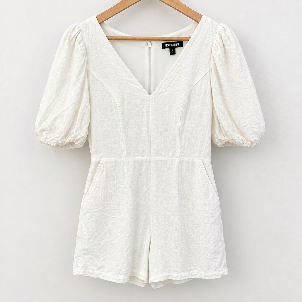 Express White Linen Blend Puff Sleeve V-Neck Romper with Pockets Size S